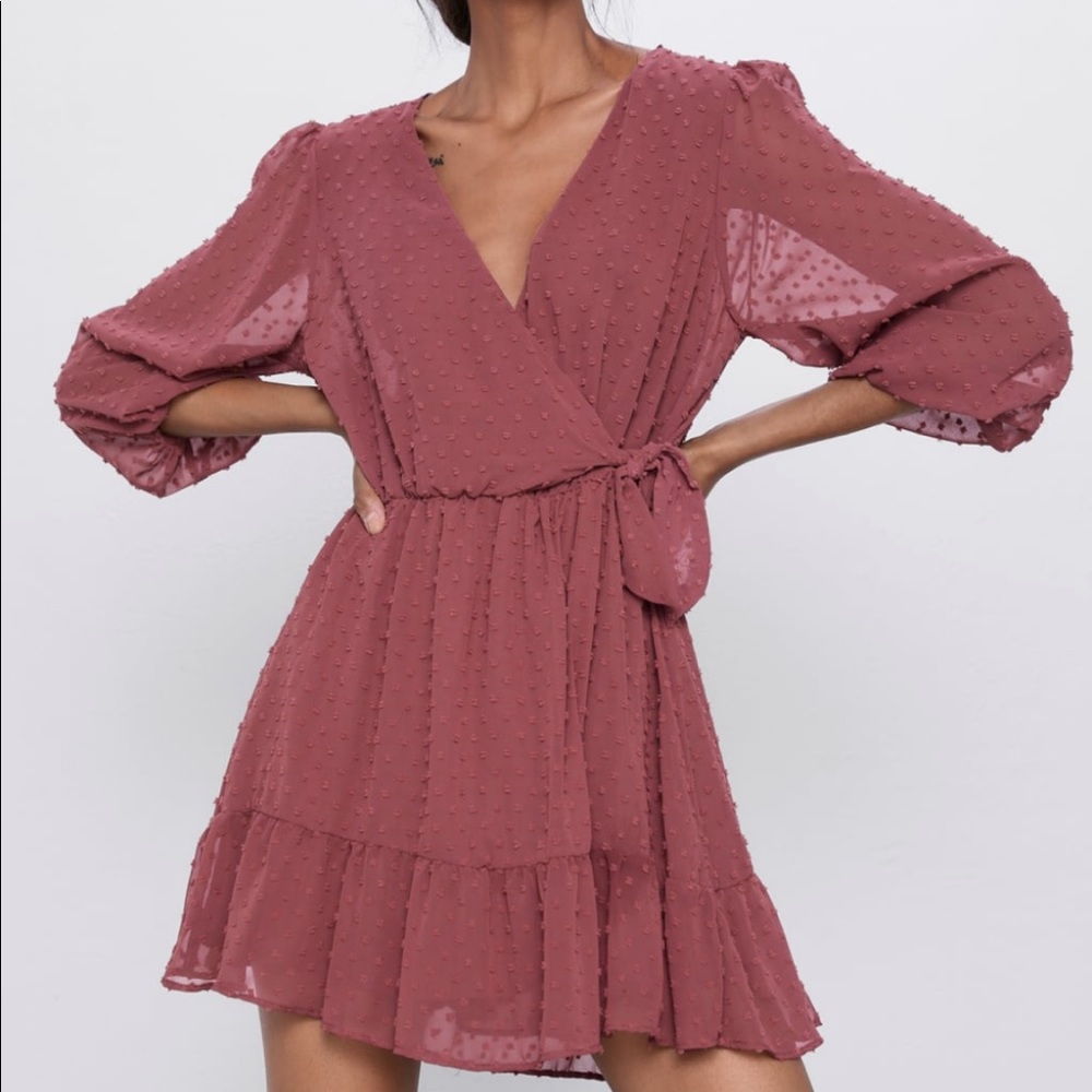 zara pink mesh swiss dots ruffled mini dress